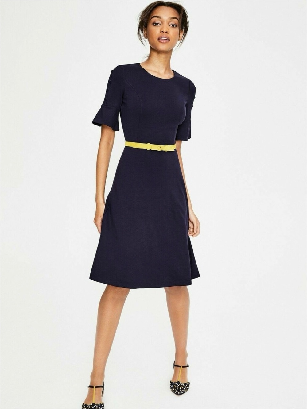 Boden “Alexis” navy button detail tulip sleeve A-line dress (size US 10 petite)